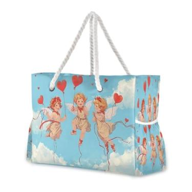 Imagem de Wassud Bolsa de praia linda anjo grande bolsa de praia para mulheres, impermeável, à prova d'água, à prova de areia, bolsa de viagem com zíper e bolso, piscina, academia, acampamento