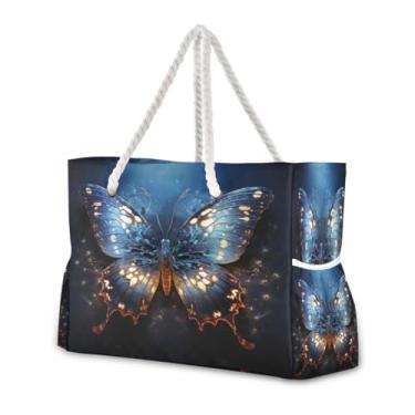 Imagem de Wassud Bolsa de praia azul borboleta grande bolsa de praia para mulheres, impermeável, à prova de areia, bolsa de viagem com zíper e bolso para piscina, academia, acampamento