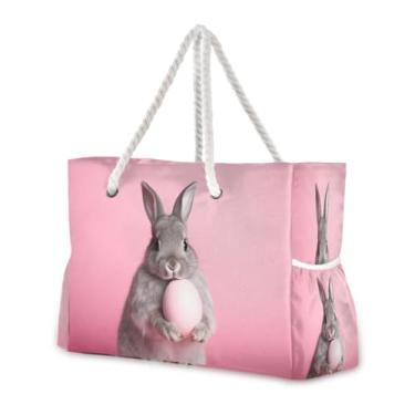 Imagem de Wassud Bolsa de praia fofa de coelhinho cinza grande bolsa de praia para mulheres, à prova d'água, à prova de areia, bolsa de viagem com zíper e bolso para piscina, academia, acampamento