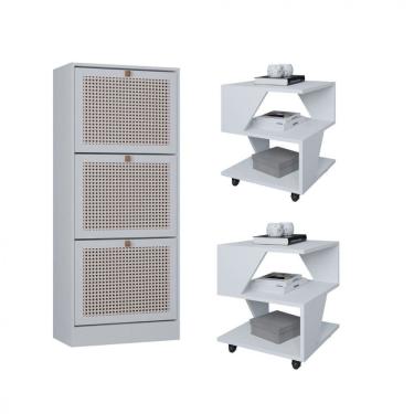 Imagem de Kit Sapateira Spin Tropical 3 Portas e 2 Mesas de Cabeceira/Centro Poquema