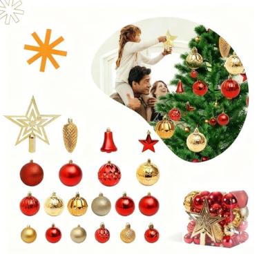 Imagem de Kit Completo 45 Peças para Árvore de Natal Inclui Estrela, Pinhas, Sinos e Bolas 3 Tamanhos Decoração com Brilho e Glitter,para Casa e Festas(Dourado e Vermelho)