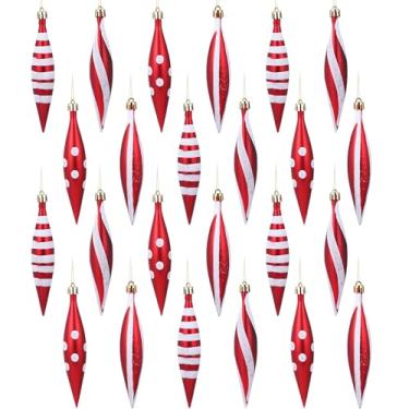 Imagem de Sumind 24 peças de enfeites de Natal com gotas de 15 cm, enfeite de gota finial com glitter de plástico para decoração de árvore de Natal (estilo elegante, glitter vermelho e branco)