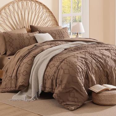 Imagem de AMBERSPACE Conjunto de edredom king size, marrom, tufado, boêmio, casa de fazenda, todas as estações, cama em um saco com lençóis, fronhas e fronhas