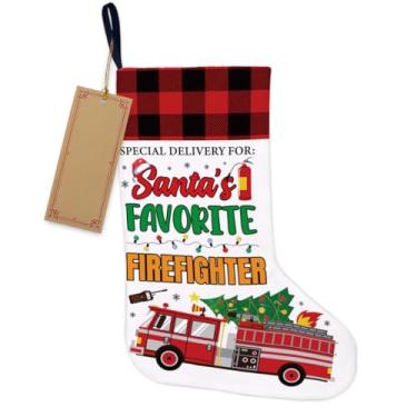 Imagem de Meia de Natal de bombeiro, decoração de árvore de Natal – Entrega especial para presentes de bombeiro favoritos do Papai Noel, meia de Natal pendurada para lareira, escadas de parede, decoração de