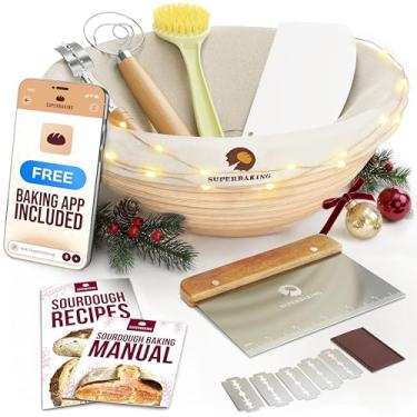 Imagem de Cesta de fermentação para pão Banneton da Superbaking, suprimentos para assar pão de fermentação natural, kit inicial redondo de 23 cm para fermentação natural, cesta de fermentação para assar