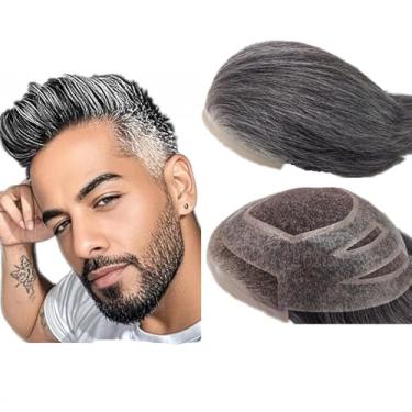 Imagem de N.L.W. 1B60 Toupee de cabelo cinza para homens peças para homem Sistema de substituição de cabelo humano virgem europeu 10x8 unidades de implante herdeiro humano patch prótese capilar masculina base