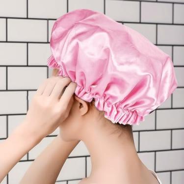 Imagem de 1 pacote de toucas de banho para mulheres, toucas de banho, elásticas reutilizáveis e à prova d'água, touca de cabelo de camada dupla, chapéu de banho de cabelo de proteção ambiental (rosa claro)