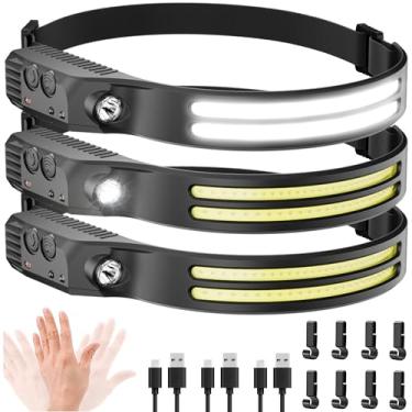Imagem de Lanterna de cabeça de LED recarregável, 3 peças – 230° COB luzes superbrilhantes para testa, capacete rígido para adultos, faixa de cabeça USB C para trabalho, corrida, caminhada, acampamento