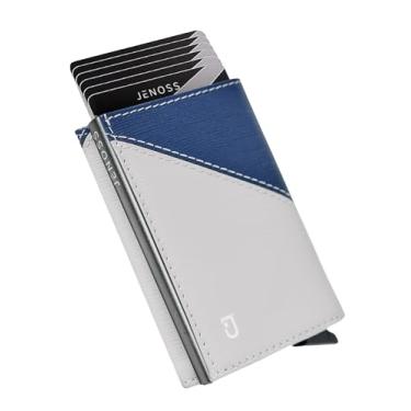 Imagem de Carteira inteligente Jenoss para homens: couro de flor integral, feito à mão, capa pop up de metal deslizante, suporte fino com bloqueio de RFID, minimalista, organizadores compactos com 12