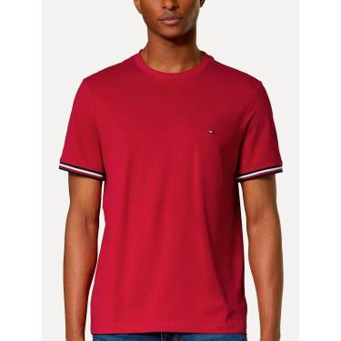 Imagem de Camiseta Tommy Hilfiger Masculina Piquet Global Stripe Cuff Vermelha-Masculino