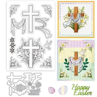 Imagem de GLOBLELAND Cruz de Páscoa, carimbos transparentes e cortes de metal, flor de primavera, selos transparentes, moldes de corte de renda de lírio para fazer cartões, gravação em relevo, scrapbooking
