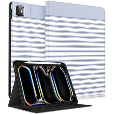 Imagem de Wazzasoft for iPad Pro 11 Inch Case M5 2025/M4 2024 - Women Girls Cute Smart Folio Cover (Auto Wake/Sleep) with Build-in Pencil Holder for Apple Tablet Soft TPU Protective Cover,Blue Stripes
