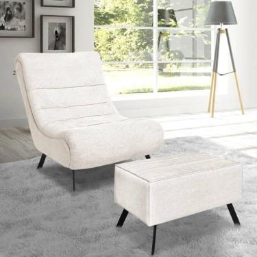 Imagem de Conjunto Poltrona + Puff Com Pés De Ferro Em Tecido Bouclé Vancouver – Lucadi Off White