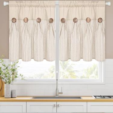 Imagem de ASPMIZ Cortinas de cozinha de linho de 61 cm de comprimento, cortina de janela de cozinha com botão boho de fazenda sobre a pia, cortinas curtas listradas cáqui para janelas pequenas, banheiro, varão