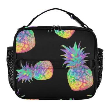 Imagem de Joisal Lancheira preta com brilho arco-íris de abacaxi para mulheres, meninas, lancheira masculina e infantil, lancheira para trabalho, bolsa térmica para adultos