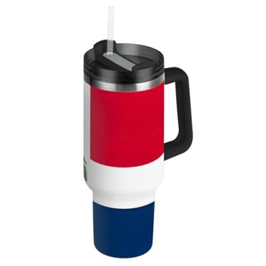 Imagem de Joisal Copos de bandeira da República Dominicana com tampa e canudo grande copo com alça garrafa de água isolada de 850 g caneca de café quente de aço inoxidável para carros