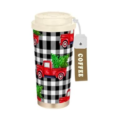 Imagem de Caneca de viagem de café 16+ Oz, copo de café com revestimento cerâmico com canudo e tampa, copo isolado a vácuo de aço inoxidável, caminhões vermelhos árvores de Natal xadrez