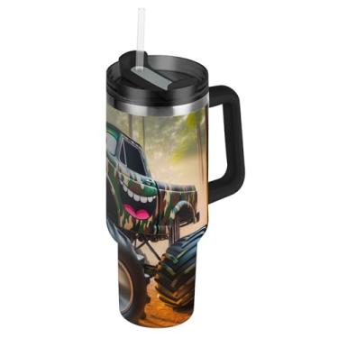 Imagem de Copos com tampas e canudos Cartoon Camuflagem Monster Trucks 1,134 g copo com alça garrafas de água à prova de derramamento de aço inoxidável carros caneca de café bebida quente
