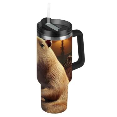 Imagem de Joisal Copos de aço inoxidável com tampas e canudo fofo Capybara Whisky Lounge Tumbler para quente e frio engraçado copo de 1,134 g com alça garrafa de água isolada