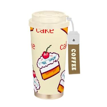 Imagem de TSENQUE Caneca de café de viagem de 473 ml com canudo e tampa, caneca de café de aço inoxidável à prova de vazamento para escritório, escola, festa, acampamento, bolo, cereja, desenho amarelo