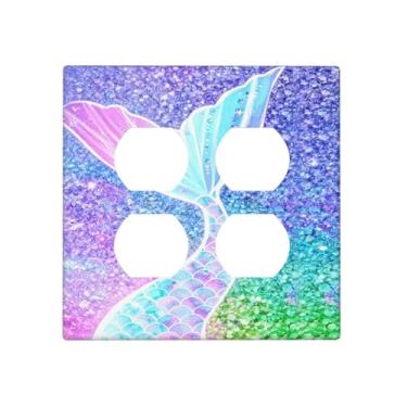 Imagem de SgEdao Capas decorativas para tomadas, design de escama de sereia com brilhos iridescentes, placa de parede de 2 grupos, receptáculo duplo duplex, capas para interruptor de luz para quarto de meninas