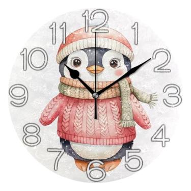 Imagem de GAIGEO Relógio de parede analógico decorativo relógio de cozinha rústico operado a bateria, arte de parede boho decoração de casa, pinguim fofo inverno branco, 25 cm, ponteiros dourados