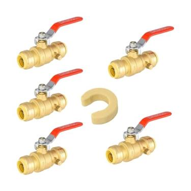 Imagem de Niikappu Válvulas de esfera push fit de 3/10.2 cm com dreno, pacote com 5 válvulas de desligamento com ferramentas de clipe de desconexão, válvula de esfera de desligamento de porta completa de latão