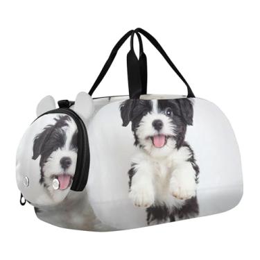 Imagem de Bolsa esportiva divertida para meninos e fim de semana com estampa Pitbull Laugh para viagem, bolsa esportiva infantil, Linda estampa de cachorrinho preto, Clássico