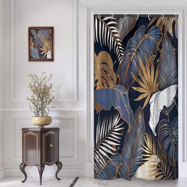 Imagem de Cinbloo Cortina de chuveiro azul marinho 36Lx72H pequena tenda RV estreita boho moderno abstrato ouro branco palmeira tropical Monstera conjunto de cortinas de banheiro plantas botânicas natureza