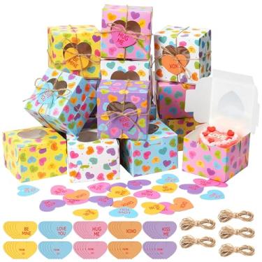 Imagem de R HORSE Caixas de petiscos de padaria para o dia dos namorados – 50 peças mini caixas de biscoitos de doces dos namorados com janela de coração, recipientes de cupcake com cartões em forma de coração