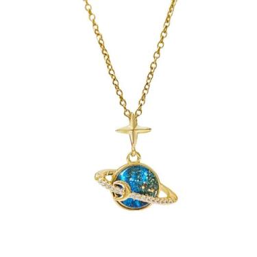 Imagem de Dtja Colar feminino com pingente de estrela e lua do universo azul dourado em aço inoxidável redondo planeta corrente ajustável colar delicado aniversário feriado BFF joia 45,7 cm