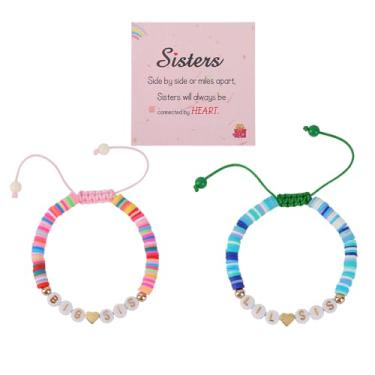 Imagem de 2un Conjunto de Pulseiras Irmãs, Pulseiras Contas de Argila Polimérica nas Cores Azul e Rosa para Irmã Mais Velha e Mais Nova para Presente Aniversário