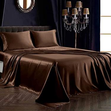 Imagem de PURE ECO Jogo de cama casal de seda de amoreira - Jogo de cama de 4 peças - Bolso de 40,6 cm - Lençóis de cama e fronhas luxuosos, amigo da pele e respirável - Charmeuse Silk para cuidados com o