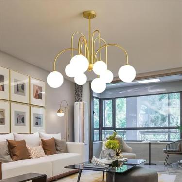 Imagem de Lustre retrô com globo de vidro e estrutura metálica, 8 lâmpadas, estilo Sputnik, dourado, ideal para sala de jantar, sala de estar, quarto, cozinha, escada e escritório. Luminária pendente