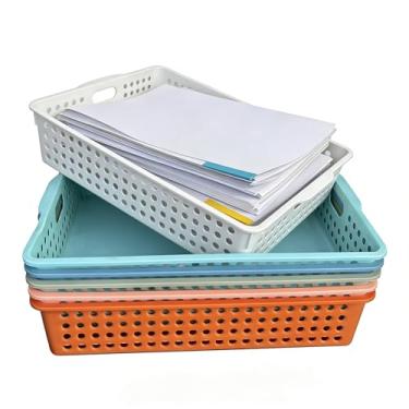Imagem de Pacote com 6 bandejas de papel empilháveis modernas com alças, organizador de documentos A4 para sala de aula, escritório, coleção de trabalhos de casa