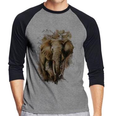Imagem de Camiseta Raglan Elefante Watercolor Manga 3/4 - Foca na Moda, Cinza, P