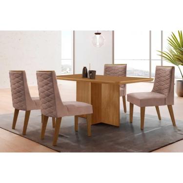 Imagem de Sala Jantar Mesa Berlim Tampo Curvo 120cm+4 Cadeiras Dafne Madeira Naturale - Capuccino/Linho Capuccino - Rufato