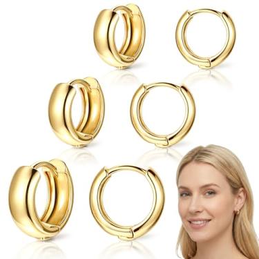 Imagem de 3 pares de brincos grossos de argola de ouro, brincos de argola pequenos banhados a ouro antisensível, brincos de argola empilháveis, leves, grossos, grossos, delicados, bonitos, elegantes, presente