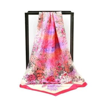 Imagem de Lenço Quadrado De Seda Feminino 90cm Com Estampa Floral, Foulard De Ce