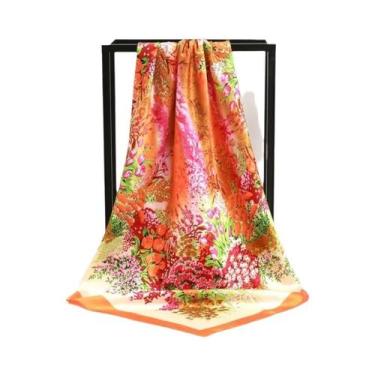 Imagem de Lenço Quadrado De Seda Feminino 90cm Com Estampa Floral, Foulard De Ce