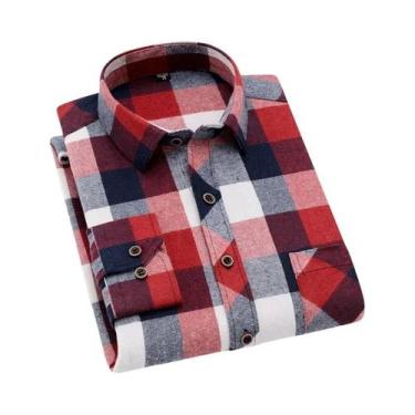 Imagem de Camisa De Flanela De Algodão Masculina De Manga Longa Com Estampa Xadr