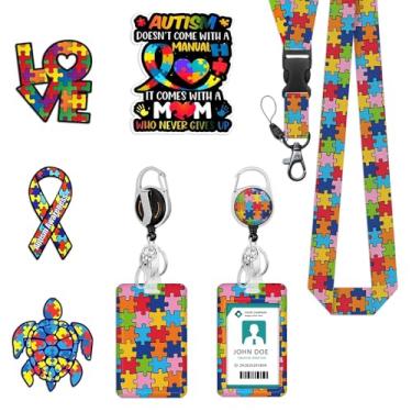 Imagem de Porta-crachá de identificação de conscientização do autismo com cordão retrátil Breakaway, cordões para crachás de identificação, porta-cartões de identificação, bonito carretel retrátil, com adesivos