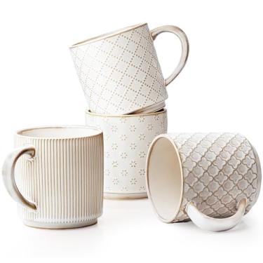 Imagem de getstar Conjunto de 4 canecas de café empilháveis de 473 ml com alças grandes, lindas xícaras de café grandes de cerâmica com design em relevo para café, chá, latte, cappuccino, lava-louças e