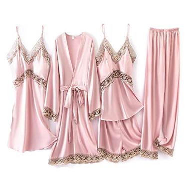 Imagem de HHHJQFAAT Pijamas femininos de cetim conjuntos de pijama conjunto de roupão 5 peças roupa de dormir com decote em V renda camisola pijama com calça G Borgonha-5 peças B (rosa 5 peças)