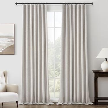 Imagem de Cortinas e cortinas blackout extralongas 269 cm de comprimento, conjunto com 2 painéis, plissadas, linho, textura natural, 269 cm, cortinas grandes para janelas com ganchos de pino e cortina traseira