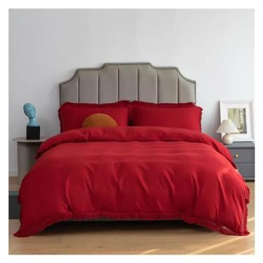 Imagem de Roupa de cama macia, branca, preta, borla, capa de edredom com franjas, solteiro, tamanho familiar, microfibra ultra macia, elegante, lençol de cama (D tamanho casal 4 peças)