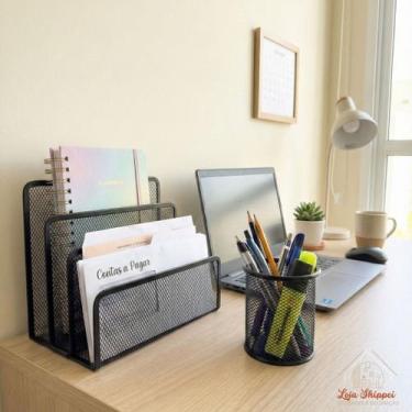Imagem de Organizador Metal Aramado Preto Escrivaninha Porta Canetas Papéis Livr