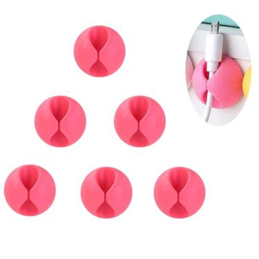 Imagem de Organizador de cabos com clipe de 6 peças para mesa, suporte de cabo redondo para linhas de carregamento e cabos USB, uso no escritório e no espaço de trabalho doméstico, vermelho