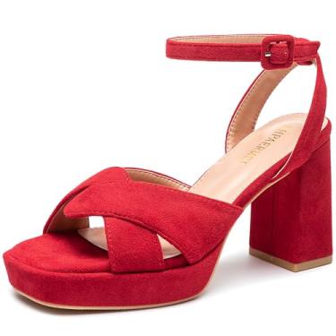 Imagem de KHPAERMEI Salto plataforma grosso para mulheres, sandálias de salto de 8,54 cm, confortável, camurça, bico aberto, tira no tornozelo, vestido de salto alto, formatura, casamento, Vermelho, 35
