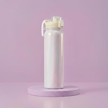 Imagem de Garrafa Térmica 750ml com Efeito Holográfico e Dupla Saída de Água | Canudo Retátil e Bico, Tampa Antivazamento e Alça (Amarelo)